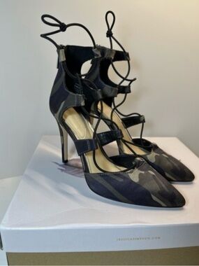 Jessica Simpson Camouflage Lace-Up Pointed Heels - Black/Olive